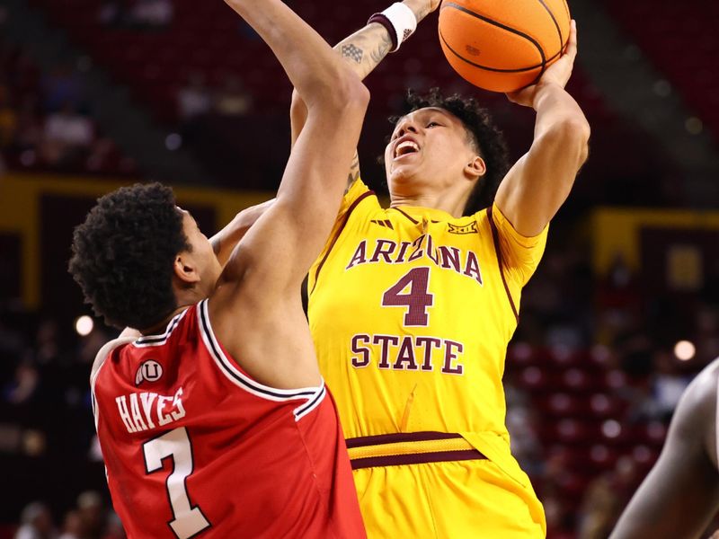 Feb 28, 2026; Tempe, Arizona, USA; Arizona State Sun Devils guard Bryce Ford (4) shoots the ball against Utah Utes forward Josh Hayes (7) in the second half at Desert Financial Arena. Mandatory Credit: Mark J. Rebilas-Imagn Images