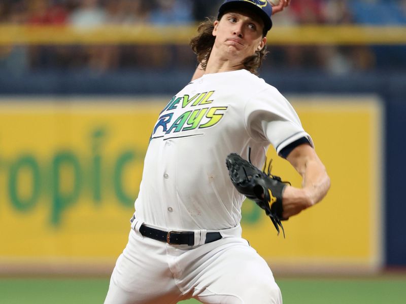 Oct 3, 2023; St. Petersburg, Florida, USA; Tampa Bay Rays starting pitcher Tyler Glasgow (20) pitches during the first inning against the Texas Rangers during game one of the Wildcard series for the 2023 MLB playoffs at Tropicana Field. Mandatory Credit: Kim Klement Neitzel-USA TODAY Sports