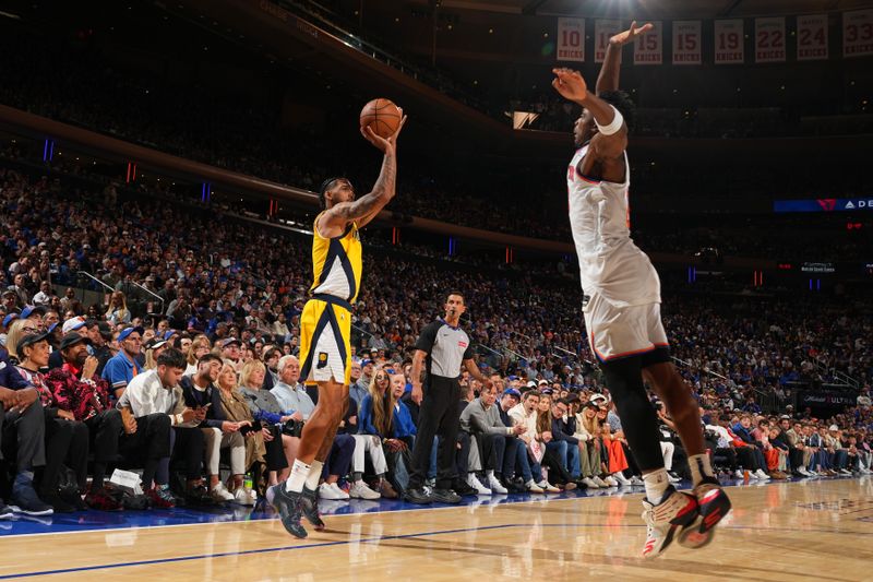 NEW YORK, NY - MAY 21:   Obi Toppin #1 of the Indiana Pacers shoots a three point basket during the game against the New York Knicks during Game 1 of the 2025 Eastern Conference Finals on May 21, 2025 at Madison Square Garden in New York City, New York.  NOTE TO USER: User expressly acknowledges and agrees that, by downloading and or using this photograph, User is consenting to the terms and conditions of the Getty Images License Agreement. Mandatory Copyright Notice: Copyright 2025 NBAE  (Photo by Jesse D. Garrabrant/NBAE via Getty Images)