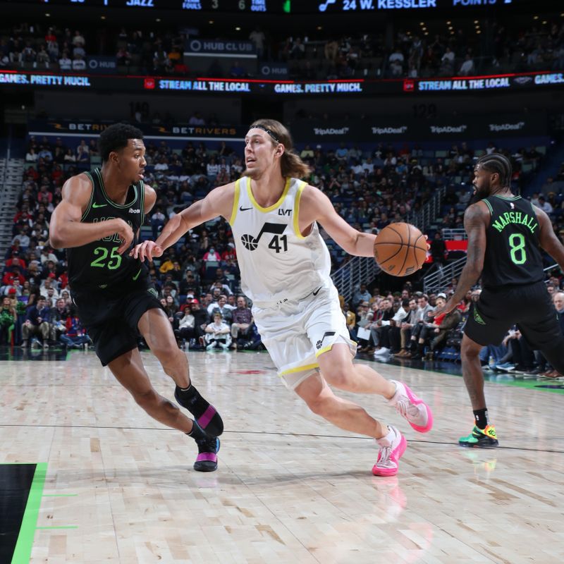 NEW ORLEANS, LA - JANUARY 23: Kelly Olynyk #41 of the Utah Jazz dribbles the ball during the game against the New Orleans Pelicans on January 23, 2024 at the Smoothie King Center in New Orleans, Louisiana. NOTE TO USER: User expressly acknowledges and agrees that, by downloading and or using this Photograph, user is consenting to the terms and conditions of the Getty Images License Agreement. Mandatory Copyright Notice: Copyright 2024 NBAE (Photo by Layne Murdoch Jr./NBAE via Getty Images)