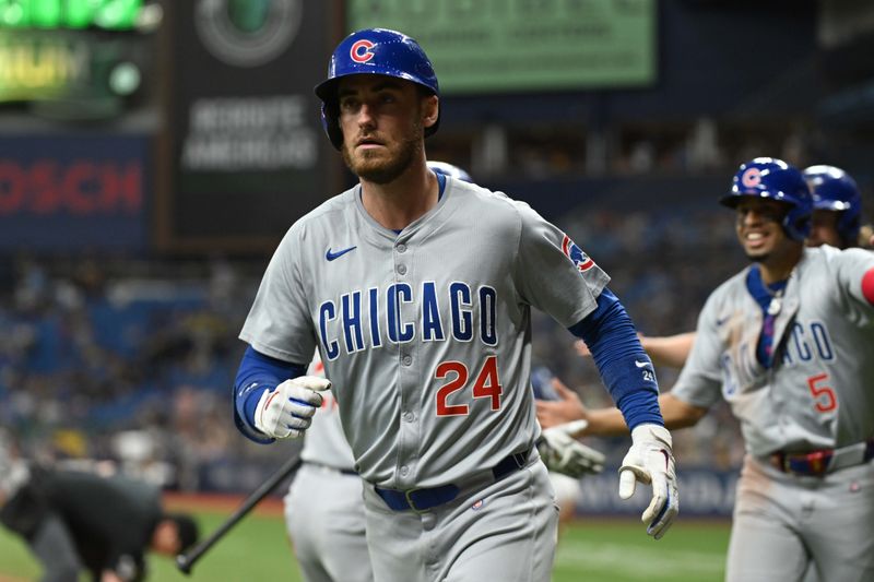 Jun 12, 2024; St. Petersburg, Florida, USA; Chicago Cubs right fielder Cody Bellinger (24) reacts after hitting a three run home run in the seventh inning against the Tampa Bay Rays at Tropicana Field. Mandatory Credit: Jonathan Dyer-USA TODAY Sports