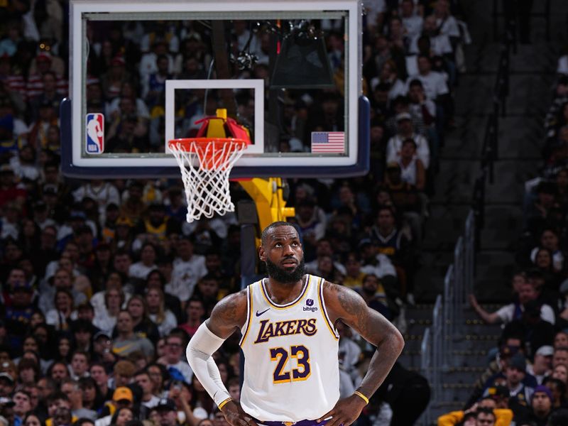 DENVER, CO - APRIL 20: LeBron James #23 of the Los Angeles Lakers looks on during the game against the Denver Nuggets during Round 1 Game 1 of the 2024 NBA Playoffs on April 20, 2024 at the Ball Arena in Denver, Colorado. NOTE TO USER: User expressly acknowledges and agrees that, by downloading and/or using this Photograph, user is consenting to the terms and conditions of the Getty Images License Agreement. Mandatory Copyright Notice: Copyright 2024 NBAE (Photo by Garrett Ellwood/NBAE via Getty Images)