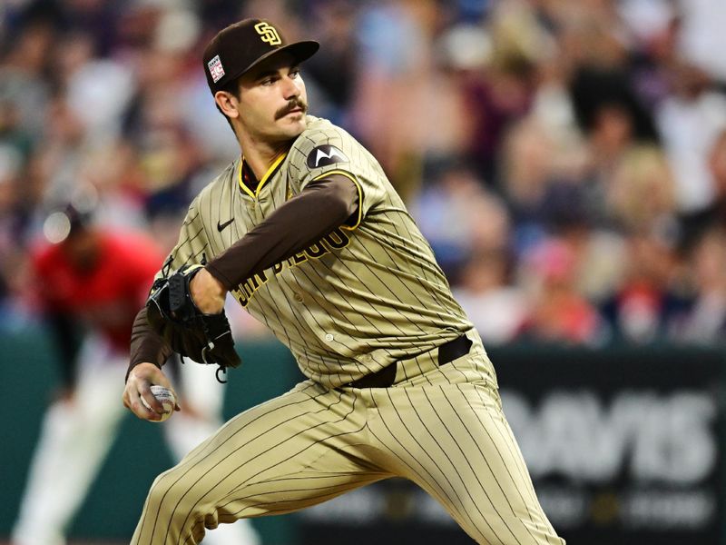 Jul 20, 2024; Cleveland, Ohio, USA; San Diego Padres starting pitcher Dylan Cease (84) throws a pitch during the sixth inning against the Cleveland Guardians at Progressive Field. Mandatory Credit: Ken Blaze-USA TODAY Sports