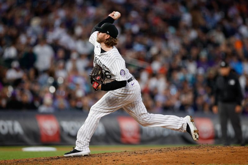 Jun 30, 2023; Denver, Colorado, USA; Colorado Rockies relief pitcher Pierce Johnson (36) pitches in the ninth inning against the Detroit Tigers at Coors Field. Mandatory Credit: Isaiah J. Downing-USA TODAY Sports