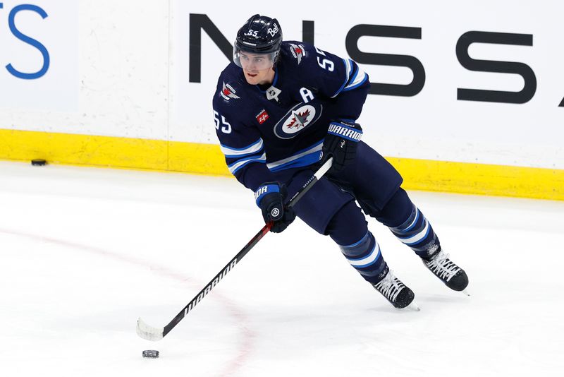 Apr 21, 2024; Winnipeg, Manitoba, CAN;Winnipeg Jets center Mark Scheifele (55) warms up before  game against the Colorado Avalanche in game one of the first round of the 2024 Stanley Cup Playoffs at Canada Life Centre. Mandatory Credit: James Carey Lauder-USA TODAY Sports