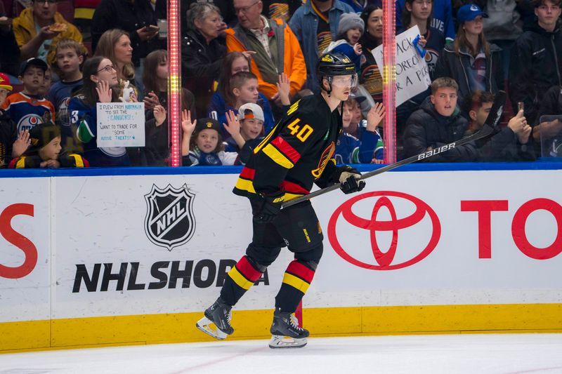 Nov 9, 2024; Vancouver, British Columbia, CAN; Vancouver Canucks forward Elias Pettersson (40) skates during warm up prior to a game against the Edmonton Oilers at Rogers Arena. Mandatory Credit: Bob Frid-Imagn Images