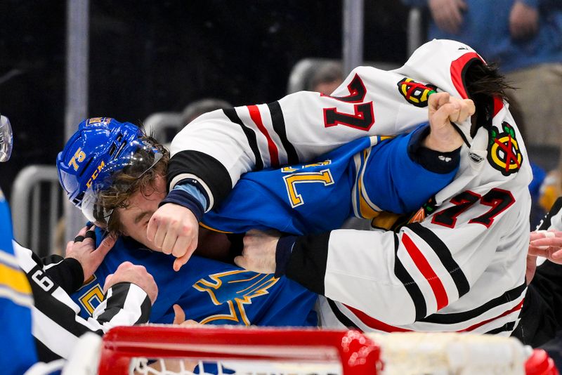Mar 22, 2025; St. Louis, Missouri, USA;  Chicago Blackhawks left wing Patrick Maroon (77) fights St. Louis Blues defenseman Tyler Tucker (75) during the third period at Enterprise Center. Mandatory Credit: Jeff Curry-Imagn Images