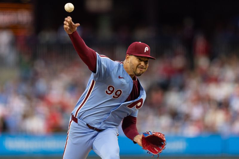 May 16, 2024; Philadelphia, Pennsylvania, USA; Philadelphia Phillies pitcher Taijuan Walker (99) throws a pitch during the second inning against the New York Mets at Citizens Bank Park. Mandatory Credit: Bill Streicher-USA TODAY Sports