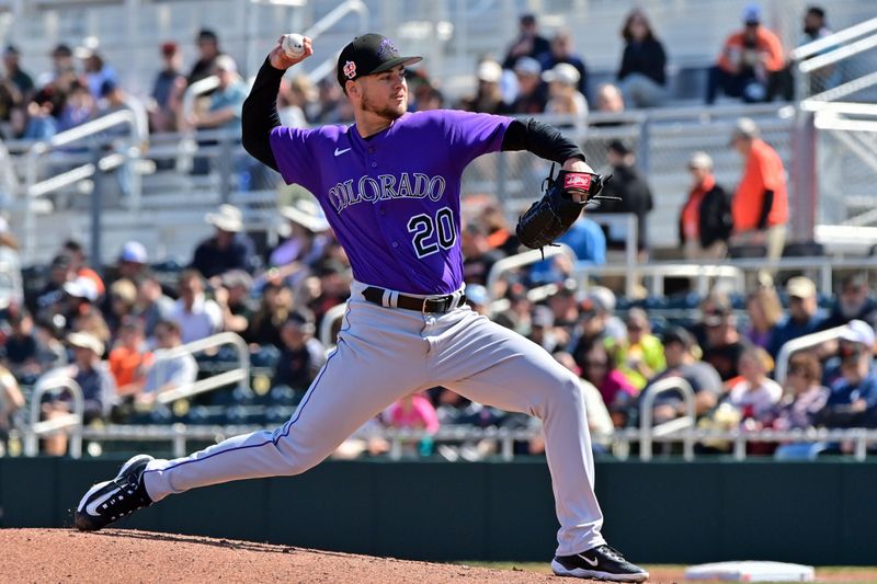 Mar 3, 2023; Scottsdale, Arizona, USA; Colorado Rockies starting pitcher Peter Lambert (20) throws in the first inning against the San Francisco Giants during a Spring Training game at Scottsdale Stadium. Mandatory Credit: Matt Kartozian-USA TODAY Sports