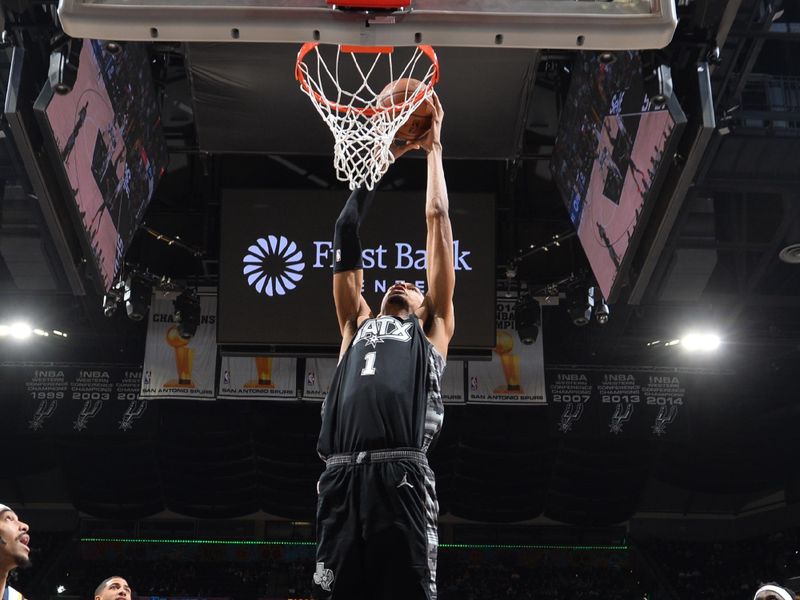 SAN ANTONIO, TX - MARCH 3: Victor Wembanyama #1 of the San Antonio Spurs dunks the ball during the game against the Indiana Pacers on March 3, 2024 at the Frost Bank Center in San Antonio, Texas. NOTE TO USER: User expressly acknowledges and agrees that, by downloading and or using this photograph, user is consenting to the terms and conditions of the Getty Images License Agreement. Mandatory Copyright Notice: Copyright 2024 NBAE (Photos by Michael Gonzales/NBAE via Getty Images)