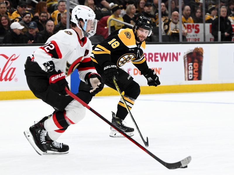 Jan 23, 2025; Boston, Massachusetts, USA; Boston Bruins center Pavel Zacha (18) defends Ottawa Senators defenseman Thomas Chabot (72) during the first period at the TD Garden. Mandatory Credit: Brian Fluharty-Imagn Images