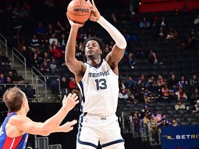 DETROIT, MI - DECEMBER 6: Jaren Jackson Jr. #13 of the Memphis Grizzlies shoots a three point basket during the game   on December 6, 2023 at Little Caesars Arena in Detroit, Michigan. NOTE TO USER: User expressly acknowledges and agrees that, by downloading and/or using this photograph, User is consenting to the terms and conditions of the Getty Images License Agreement. Mandatory Copyright Notice: Copyright 2023 NBAE (Photo by Chris Schwegler/NBAE via Getty Images)