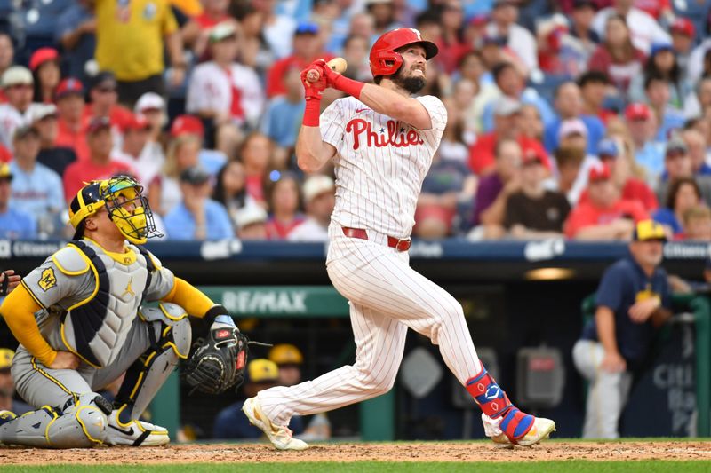 Jun 3, 2024; Philadelphia, Pennsylvania, USA; Philadelphia Phillies outfielder David Dahl (35) watches his home run against the Milwaukee Brewers during the fourth inning at Citizens Bank Park. Mandatory Credit: Eric Hartline-USA TODAY Sports