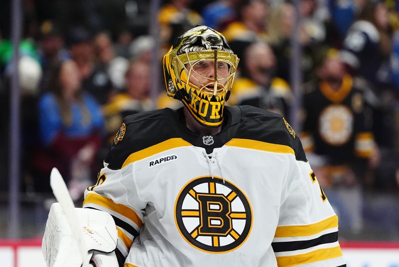 Oct 16, 2024; Denver, Colorado, USA; Boston Bruins goaltender Joonas Korpisalo (70) during the second period against the Colorado Avalanche at Ball Arena. Mandatory Credit: Ron Chenoy-Imagn Images