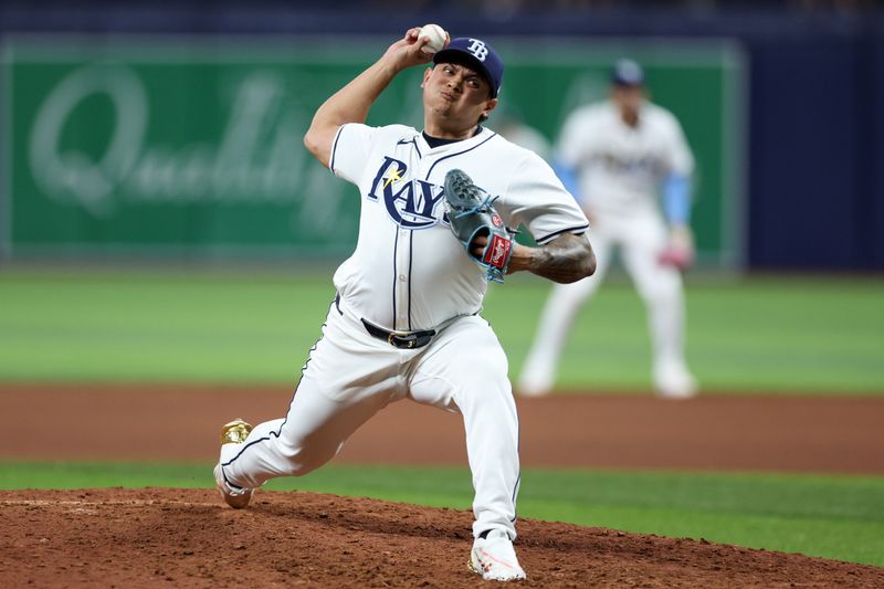 Sep 2, 2024; St. Petersburg, Florida, USA; Tampa Bay Rays pitcher Manuel Rodriguez (39) throws a pitch against the Minnesota Twins in the ninth inning at Tropicana Field. Mandatory Credit: Nathan Ray Seebeck-USA TODAY Sports