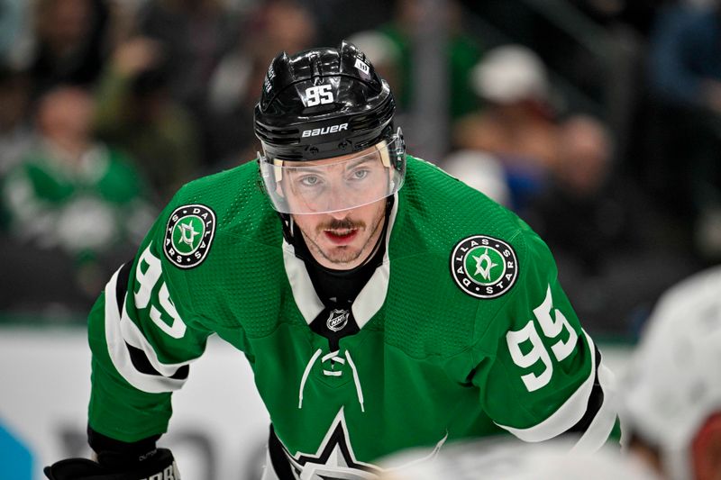 Dec 9, 2023; Dallas, Texas, USA; Dallas Stars center Matt Duchene (95) waits for the face-off against the Vegas Golden Knights during the second period at the American Airlines Center. Mandatory Credit: Jerome Miron-USA TODAY Sports