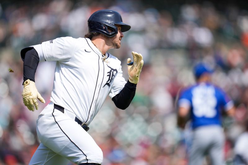 Apr 20, 2025; Detroit, Michigan, USA; Detroit Tigers outfielder Zach McKinstry (39) runs the bases after hitting an RBI single against the Kansas City Royals in the fifth inning at Comerica Park. Mandatory Credit: Aaron Doster-Imagn Images