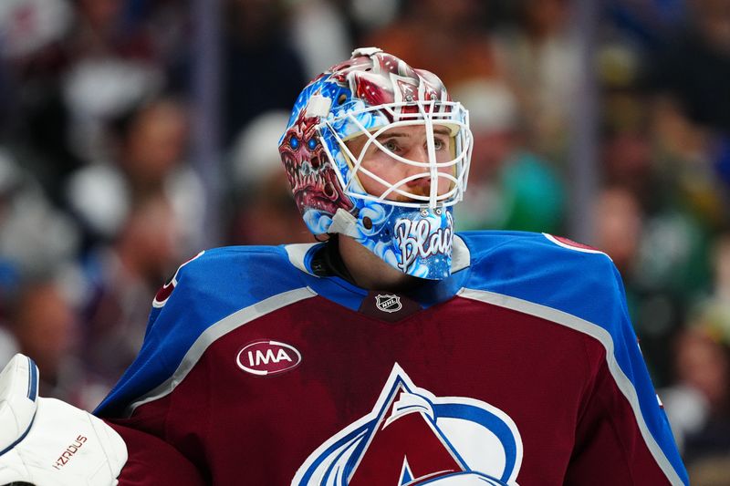 Mar 25, 2025; Denver, Colorado, USA; Colorado Avalanche goaltender Mackenzie Blackwood (39) during in the first period against the Dallas Stars at Ball Arena. Mandatory Credit: Ron Chenoy-Imagn Images
