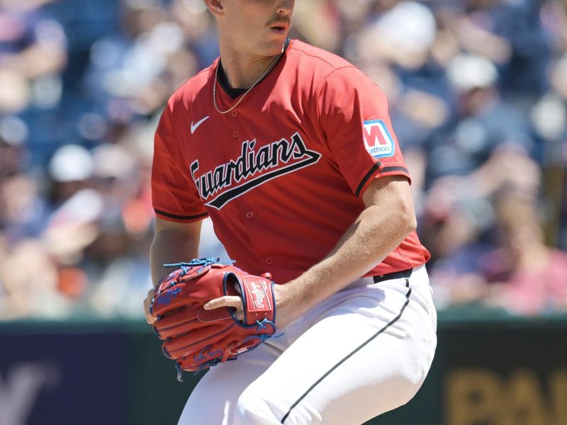 May 8, 2024; Cleveland, Ohio, USA; Cleveland Guardians starting pitcher Tanner Bibee (28) throws a pitch during the first inning against the Detroit Tigers at Progressive Field. Mandatory Credit: Ken Blaze-USA TODAY Sports