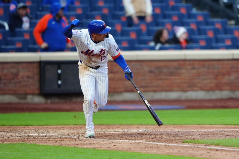 Apr 4, 2024; New York City, New York, USA; New York Mets left fielder Tyrone Taylor (15) reacts to getting the game winning hit against the Detroit Tigers during the ninth inning at Citi Field. Mandatory Credit: Gregory Fisher-USA TODAY Sports