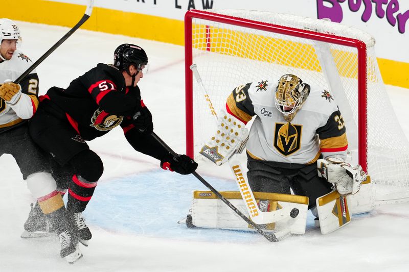 Oct 25, 2024; Las Vegas, Nevada, USA; Vegas Golden Knights goaltender Adin Hill (33) makes a save as Ottawa Senators right wing Cole Reinhardt (51) looks for the rebound during the second period at T-Mobile Arena. Mandatory Credit: Stephen R. Sylvanie-Imagn Images