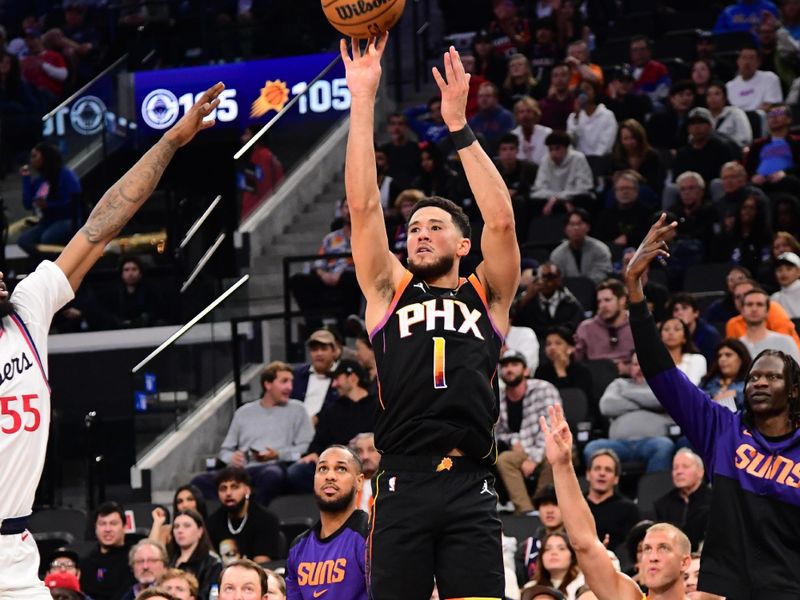 INGLEWOOD, CA - OCTOBER 31: Devin Booker #1 of the Phoenix Suns shoots a three point basket during the game against the LA Clippers on October 31, 2024 at Intuit Dome in Los Angeles, California. NOTE TO USER: User expressly acknowledges and agrees that, by downloading and/or using this Photograph, user is consenting to the terms and conditions of the Getty Images License Agreement. Mandatory Copyright Notice: Copyright 2024 NBAE (Photo by Adam Pantozzi/NBAE via Getty Images)