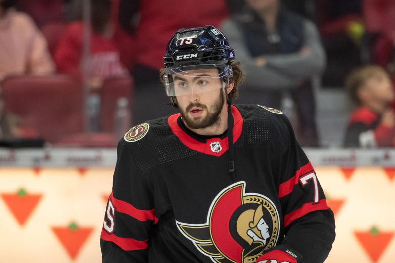 Oct 1, 2022; Ottawa, Ontario, CAN; Ottawa Senators left wing Egor Sokolov (75) during warmups prior to a game against the Montreal Canadiens at the Canadian Tire Centre. Mandatory Credit: Marc DesRosiers-USA TODAY Sports