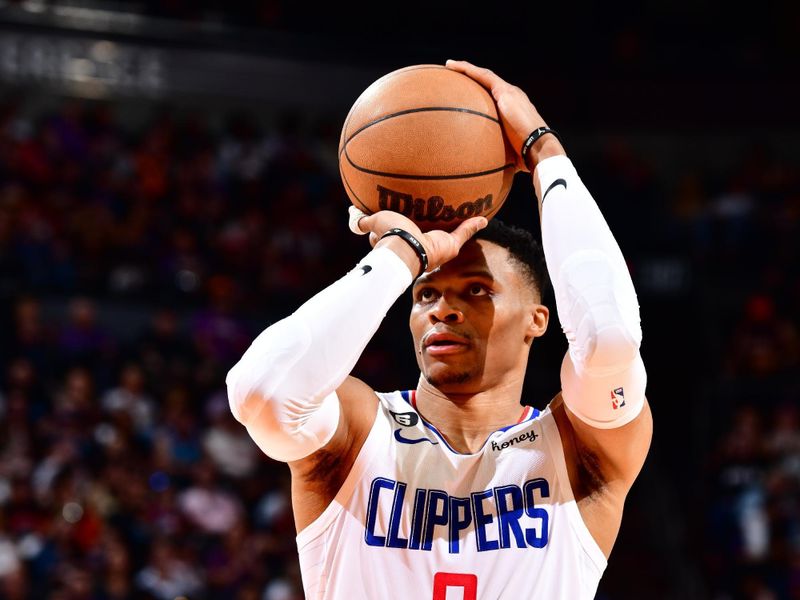 PHOENIX, AZ - APRIL 9: Russell Westbrook #0 of the LA Clippers shoots a free throw during the game against the Phoenix Suns on April 9, 2023 at Footprint Center in Phoenix, Arizona. NOTE TO USER: User expressly acknowledges and agrees that, by downloading and or using this photograph, user is consenting to the terms and conditions of the Getty Images License Agreement. Mandatory Copyright Notice: Copyright 2023 NBAE (Photo by Barry Gossage/NBAE via Getty Images)