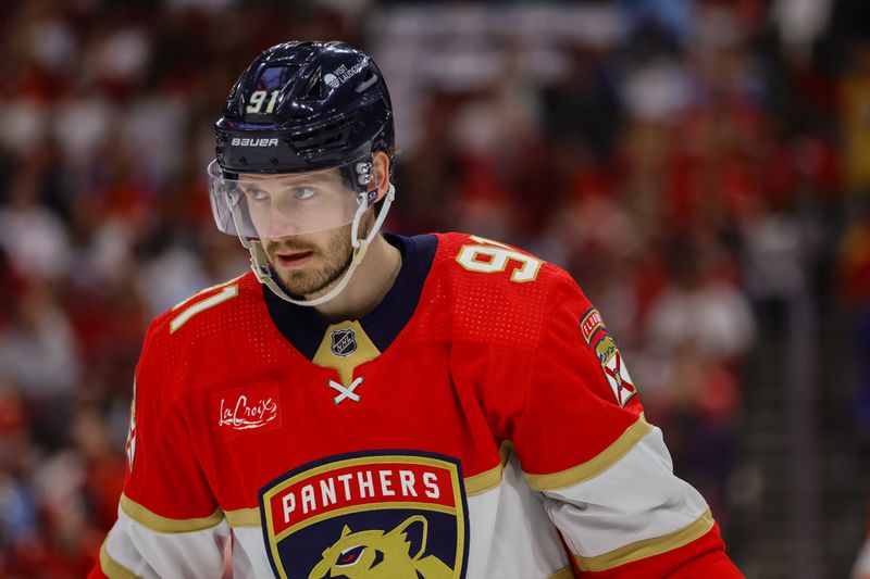 Apr 11, 2024; Sunrise, Florida, USA; Florida Panthers defenseman Oliver Ekman-Larsson (91) looks on against the Columbus Blue Jackets during the second period at Amerant Bank Arena. Mandatory Credit: Sam Navarro-USA TODAY Sports