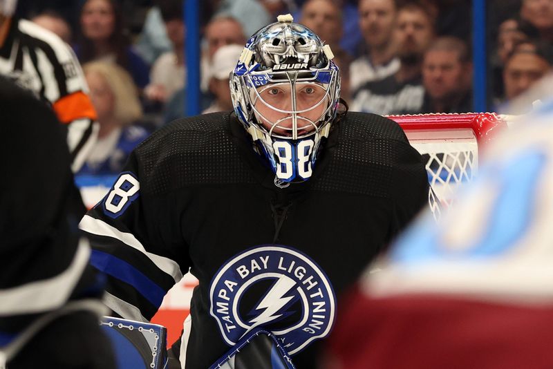 Feb 15, 2024; Tampa, Florida, USA; Tampa Bay Lightning goaltender Andrei Vasilevskiy (88) looks on against the Colorado Avalanche during the second period at Amalie Arena. Mandatory Credit: Kim Klement Neitzel-USA TODAY Sports