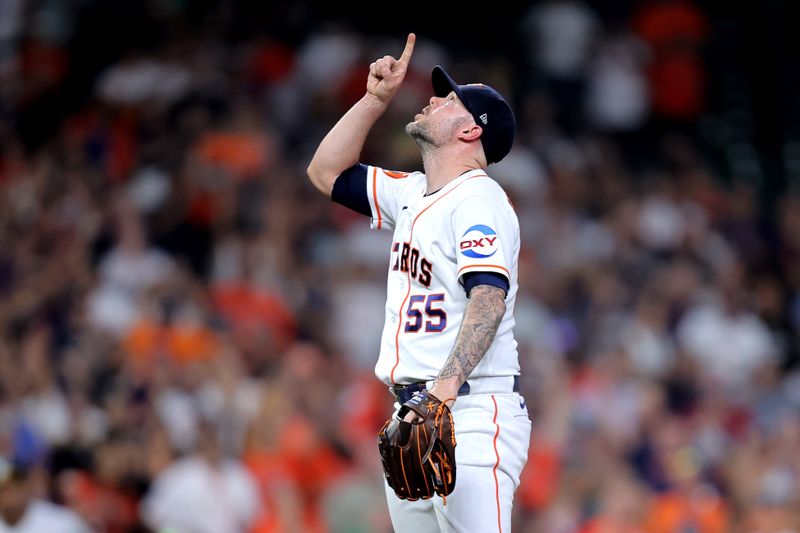 Sep 13, 2023; Houston, Texas, USA; Houston Astros relief pitcher Ryan Pressly (55) reacts after the final out against the Oakland Athletics during the ninth inning at Minute Maid Park. Mandatory Credit: Erik Williams-USA TODAY Sports