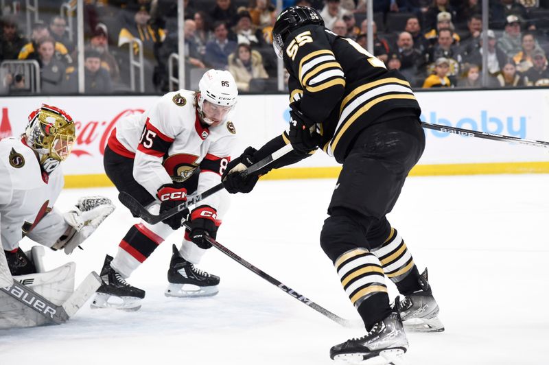 Mar 19, 2024; Boston, Massachusetts, USA;  Boston Bruins right wing Justin Brazeau (55) scores a goal past Ottawa Senators goaltender Joonas Korpisalo (70) while defenseman Jake Sanderson (85) looks on during the third period at TD Garden. Mandatory Credit: Bob DeChiara-USA TODAY Sports