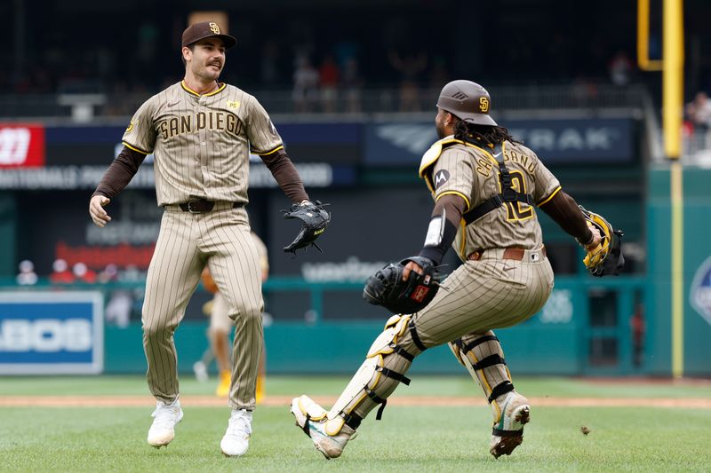 Jul 25, 2024; Washington, District of Columbia, USA; San Diego Padres starting pitcher Dylan Cease (84) celebrates with Padres catcher Luis Campusano (12) after the final out of a no-hitter against the Washington Nationals at Nationals Park. Mandatory Credit: Geoff Burke-USA TODAY Sports
