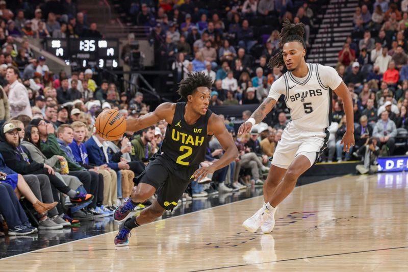 SALT LAKE CITY, UT - OCTOBER 31:  Collin Sexton #2 of the Utah Jazz drives to the basket during the game on October 31, 2024 at Delta Center in Salt Lake City, Utah. NOTE TO USER: User expressly acknowledges and agrees that, by downloading and or using this Photograph, User is consenting to the terms and conditions of the Getty Images License Agreement. Mandatory Copyright Notice: Copyright 2024 NBAE (Photo by Chris Nicoll/NBAE via Getty Images)