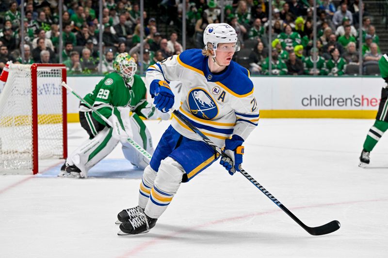 Apr 9, 2024; Dallas, Texas, USA; Buffalo Sabres defenseman Rasmus Dahlin (26) skates against the Dallas Stars during the third period at the American Airlines Center. Mandatory Credit: Jerome Miron-USA TODAY Sports