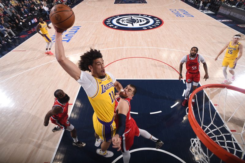 INGLEWOOD, CA - FEBRUARY 4: Jaxson Hayes #11 of the Los Angeles Lakers drives to the basket during the game against the LA Clippers on February 4, 2025 at Intuit Dome in Los Angeles, California. NOTE TO USER: User expressly acknowledges and agrees that, by downloading and/or using this Photograph, user is consenting to the terms and conditions of the Getty Images License Agreement. Mandatory Copyright Notice: Copyright 2025 NBAE (Photo by Juan Ocampo/NBAE via Getty Images)