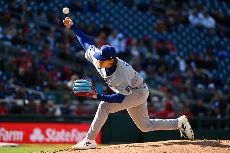 Apr 9, 2025; Washington, District of Columbia, USA; Los Angeles Dodgers pitcher Landon Knack (96) throws to the Washington Nationals during the first inning at Nationals Park. Mandatory Credit: Brad Mills-Imagn Images