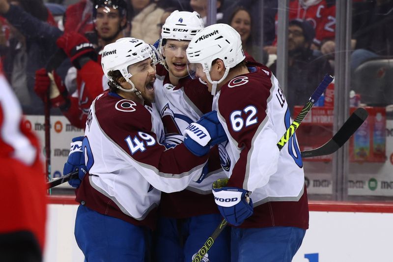 Feb 6, 2024; Newark, New Jersey, USA; Colorado Avalanche defenseman Samuel Girard (49) celebrates his goal against the New Jersey Devils during the third period at Prudential Center. Mandatory Credit: Ed Mulholland-USA TODAY Sports