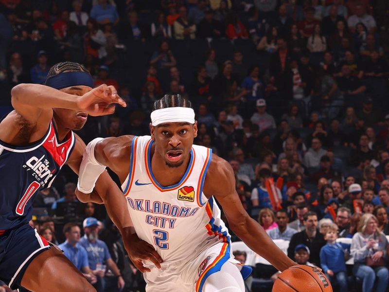 OKLAHOMA CITY, OK - FEBRUARY 23: Shai Gilgeous-Alexander #2 of the Oklahoma City Thunder handles the ball during the game against the Washington Wizards on February 23, 2024 at Paycom Arena in Oklahoma City, Oklahoma. NOTE TO USER: User expressly acknowledges and agrees that, by downloading and or using this photograph, User is consenting to the terms and conditions of the Getty Images License Agreement. Mandatory Copyright Notice: Copyright 2024 NBAE (Photo by Zach Beeker/NBAE via Getty Images)