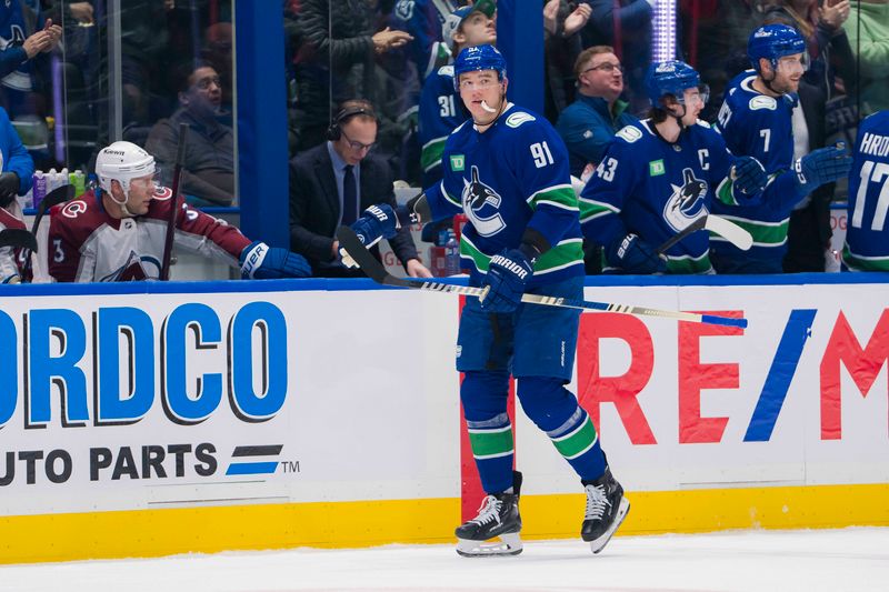 Mar 13, 2024; Vancouver, British Columbia, CAN; Vancouver Canucks defenseman Nikita Zadorov (91) celebrates his goal against the Colorado Avalanche in the second period at Rogers Arena. Mandatory Credit: Bob Frid-USA TODAY Sports