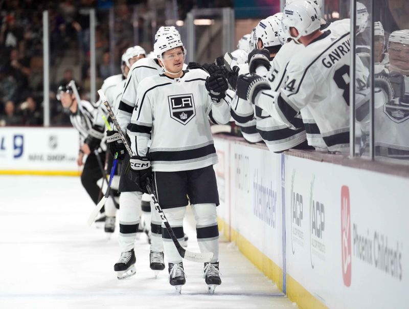 Oct 27, 2023; Tempe, Arizona, USA; Los Angeles Kings defenseman Mikey Anderson (44) celebrates a goal against the Arizona Coyotes during the first period at Mullett Arena. Mandatory Credit: Joe Camporeale-USA TODAY Sports