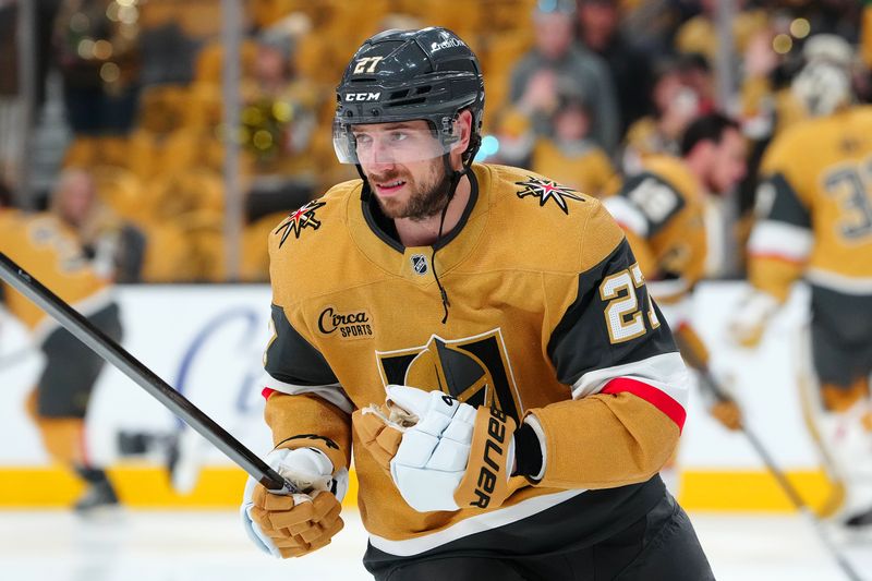 Apr 1, 2025; Las Vegas, Nevada, USA; Vegas Golden Knights defenseman Shea Theodore (27) warms up before a game against the Edmonton Oilers at T-Mobile Arena. Mandatory Credit: Stephen R. Sylvanie-Imagn Images