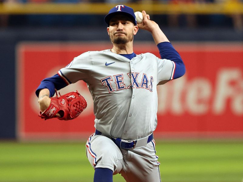 Apr 2, 2024; St. Petersburg, Florida, USA; Texas Rangers starting pitcher Andrew Heaney (44) throws a pitch during the first inning against the Texas Rangers at Tropicana Field. Mandatory Credit: Kim Klement Neitzel-USA TODAY Sports