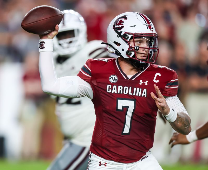 Sep 23, 2023; Columbia, South Carolina, USA; South Carolina Gamecocks quarterback Spencer Rattler (7) passes against the Mississippi State Bulldogs in the second quarter at Williams-Brice Stadium. Mandatory Credit: Jeff Blake-USA TODAY Sports