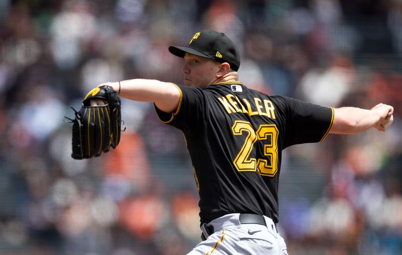 May 31, 2023; San Francisco, California, USA; Pittsburgh Pirates starting pitcher Mitch Keller (23) delivers a pitch against the San Francisco Giants during the first inning at Oracle Park. Mandatory Credit: D. Ross Cameron-USA TODAY Sports