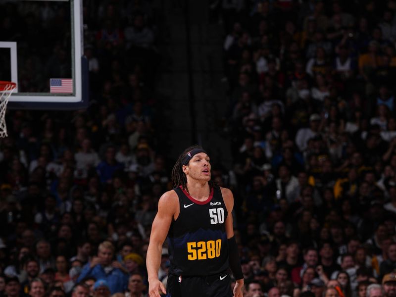 DENVER, CO - FEBRUARY 29: Aaron Gordon #50 of the Denver Nuggets looks on during the game against the Miami Heat on February 29, 2024 at the Ball Arena in Denver, Colorado. NOTE TO USER: User expressly acknowledges and agrees that, by downloading and/or using this Photograph, user is consenting to the terms and conditions of the Getty Images License Agreement. Mandatory Copyright Notice: Copyright 2024 NBAE (Photo by Bart Young/NBAE via Getty Images)