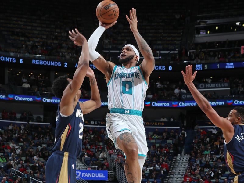 NEW ORLEANS, LA - JANUARY 17: Miles Bridges #0 of the Charlotte Hornets shoots the ball during the game against the New Orleans Pelicans on January 17, 2024 at the Smoothie King Center in New Orleans, Louisiana. NOTE TO USER: User expressly acknowledges and agrees that, by downloading and or using this Photograph, user is consenting to the terms and conditions of the Getty Images License Agreement. Mandatory Copyright Notice: Copyright 2024 NBAE (Photo by Layne Murdoch Jr./NBAE via Getty Images)