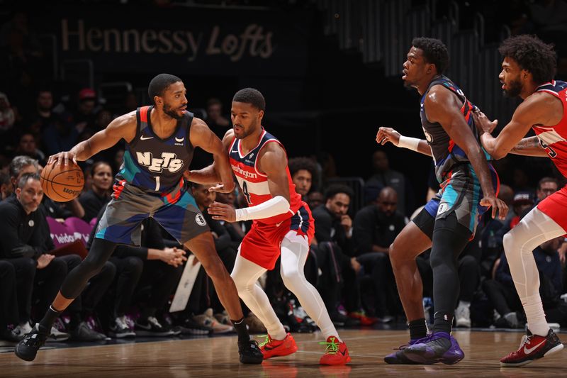 WASHINGTON, DC -? MARCH 27: Mikal Bridges #1 of the Brooklyn Nets dribbles the ball during the game against the Washington Wizards  on March 27, 2024 at Capital One Arena in Washington, DC. NOTE TO USER: User expressly acknowledges and agrees that, by downloading and or using this Photograph, user is consenting to the terms and conditions of the Getty Images License Agreement. Mandatory Copyright Notice: Copyright 2024 NBAE (Photo by Stephen Gosling/NBAE via Getty Images)