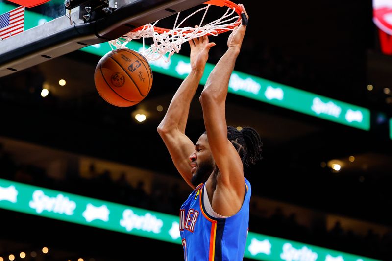 ATLANTA, GEORGIA - JANUARY 3: Isaiah Joe #11 of the Oklahoma City Thunder dunks during the second quarter against the Atlanta Hawks at State Farm Arena on January 3, 2024 in Atlanta, Georgia. NOTE TO USER: User expressly acknowledges and agrees that, by downloading and or using this photograph, User is consenting to the terms and conditions of the Getty Images License Agreement. (Photo by Todd Kirkland/Getty Images)