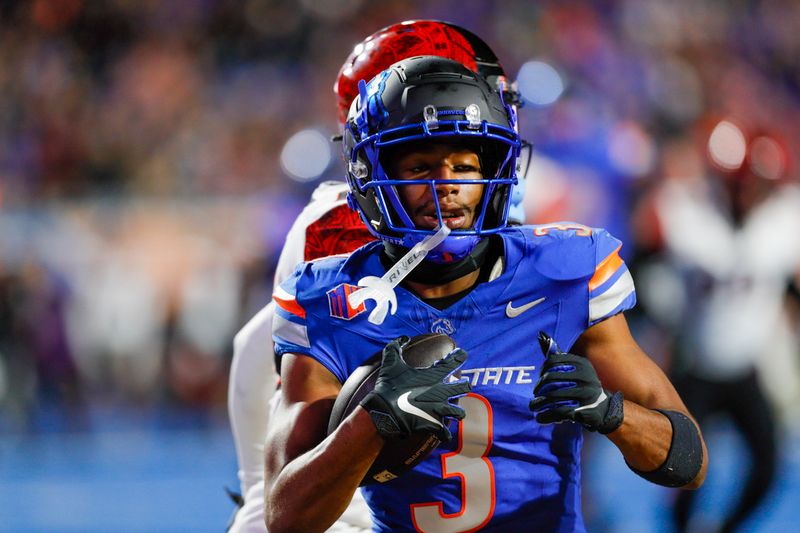 Nov 1, 2024; Boise, Idaho, USA; Boise State Broncos wide receiver Latrell Caples (3) celebrates his third touchdown of the first half against the San Diego State Aztecs at Albertsons Stadium. Mandatory Credit: Brian Losness-Imagn Images

